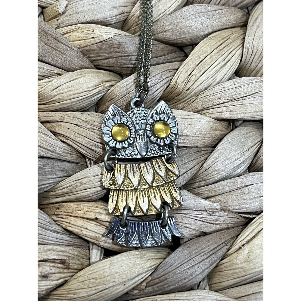 Vintage Mixed Metal Articulated Owl Pendant Necklace With Yellow Stone Eyes